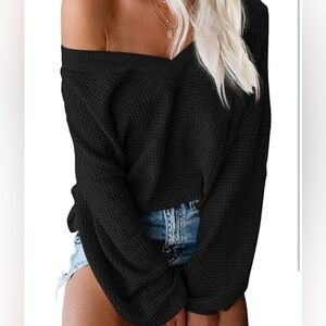 Waffle knit off the shoulder black v neck pullover sweater-S